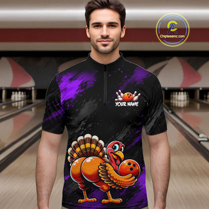 Purple Funny Turkey Chicken Custom Bowling Team Shirts For Men Thanksgiving Bowling Gifts HNT521
