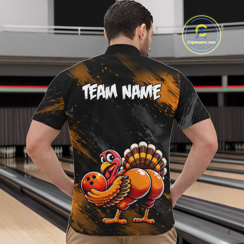 Orange Funny Turkey Chicken Custom Bowling Team Shirts For Men Thanksgiving Bowling Gifts HNT521
