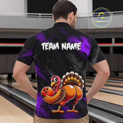 Purple Funny Turkey Chicken Custom Bowling Team Shirts For Men Thanksgiving Bowling Gifts HNT521