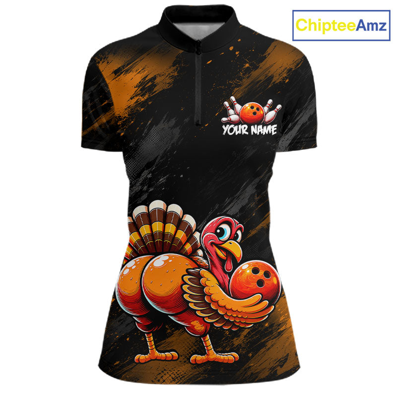 Orange Funny Turkey Chicken Custom Bowling Team Shirts For Women Thanksgiving Bowling Gifts HNT521