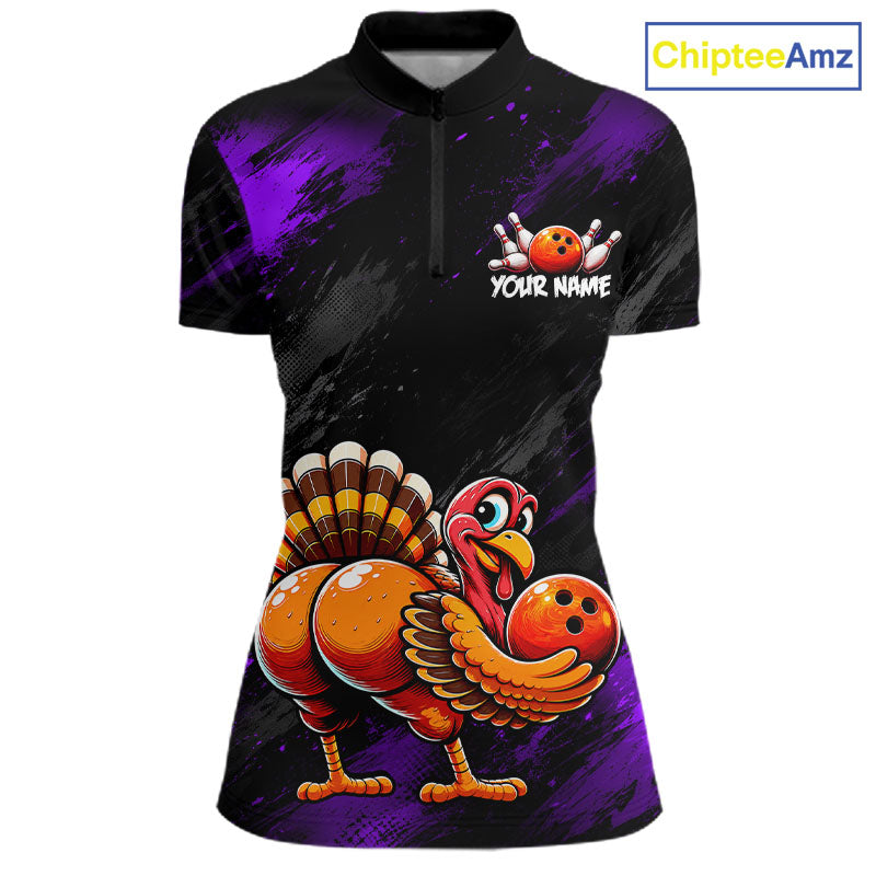 Purple Funny Turkey Chicken Custom Bowling Team Shirts For Women Thanksgiving Bowling Gifts HNT521