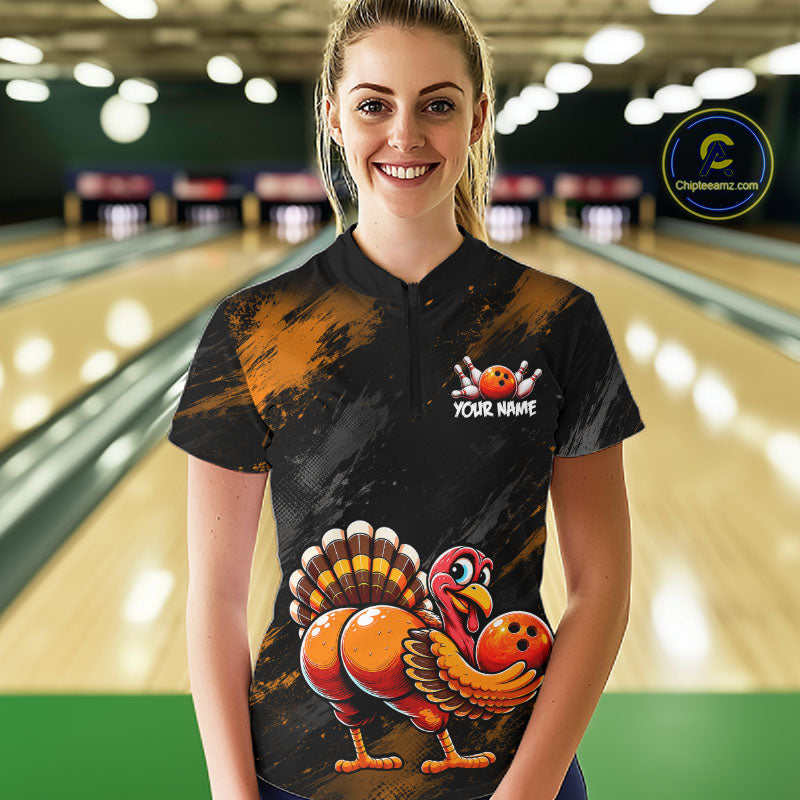 Orange Funny Turkey Chicken Custom Bowling Team Shirts For Women Thanksgiving Bowling Gifts HNT521
