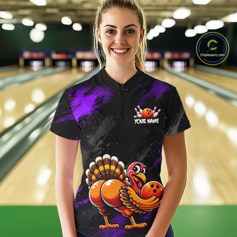 Purple Funny Turkey Chicken Custom Bowling Team Shirts For Women Thanksgiving Bowling Gifts HNT521