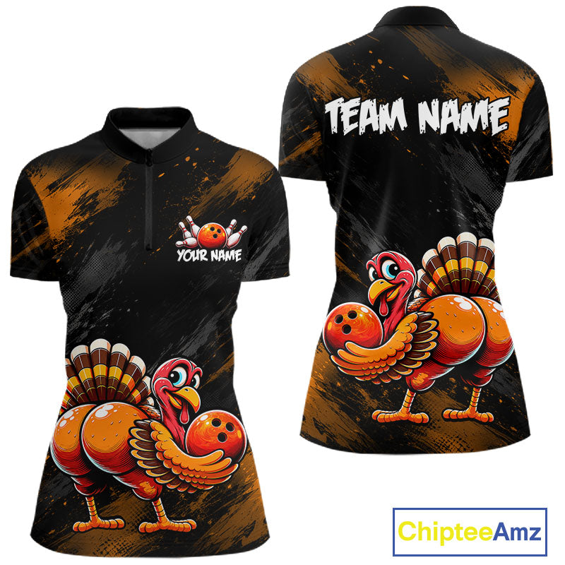 Orange Funny Turkey Chicken Custom Bowling Team Shirts For Women Thanksgiving Bowling Gifts HNT521
