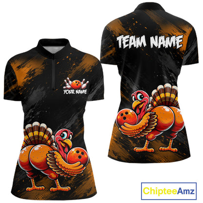 Orange Funny Turkey Chicken Custom Bowling Team Shirts For Women Thanksgiving Bowling Gifts HNT521