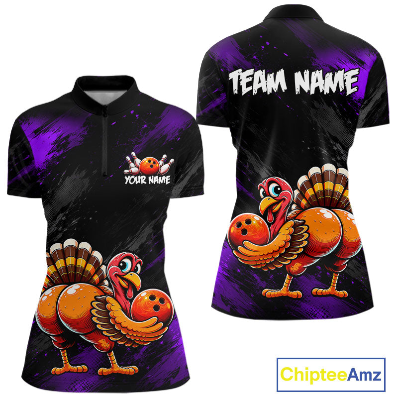 Purple Funny Turkey Chicken Custom Bowling Team Shirts For Women Thanksgiving Bowling Gifts HNT521