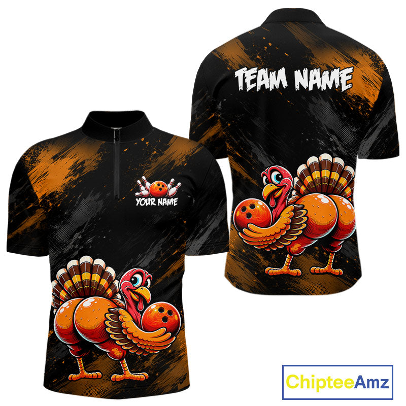 Orange Funny Turkey Chicken Custom Bowling Team Shirts For Men Thanksgiving Bowling Gifts HNT521
