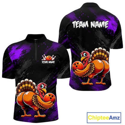 Purple Funny Turkey Chicken Custom Bowling Team Shirts For Men Thanksgiving Bowling Gifts HNT521