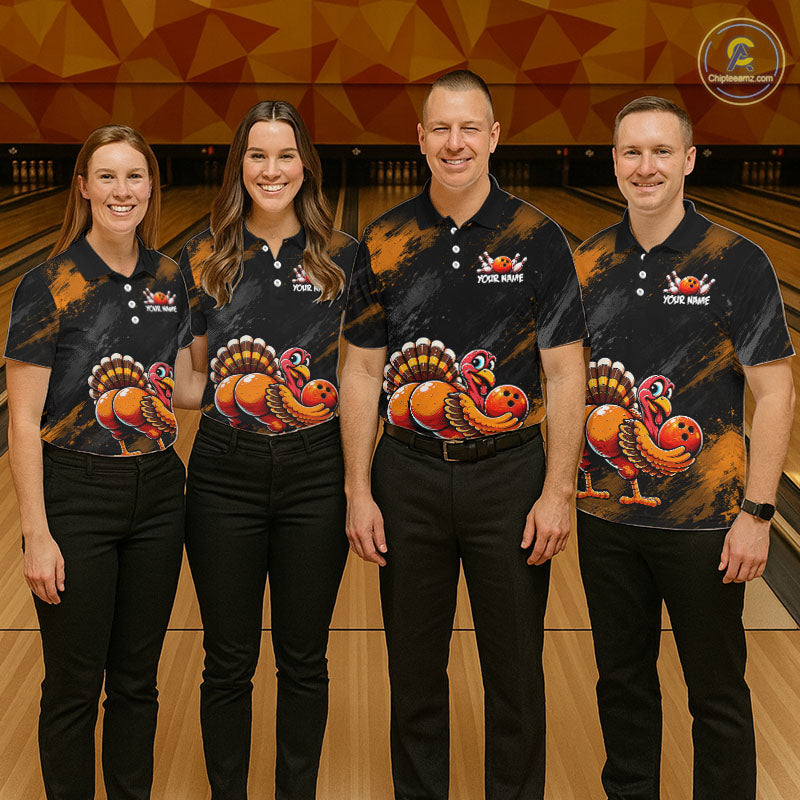 Orange Funny Turkey Chicken Custom Bowling Team Shirts For Men Thanksgiving Bowling Gifts HNT521