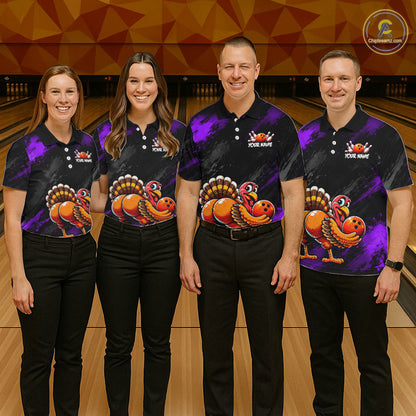 Purple Funny Turkey Chicken Custom Bowling Team Shirts For Men Thanksgiving Bowling Gifts HNT521