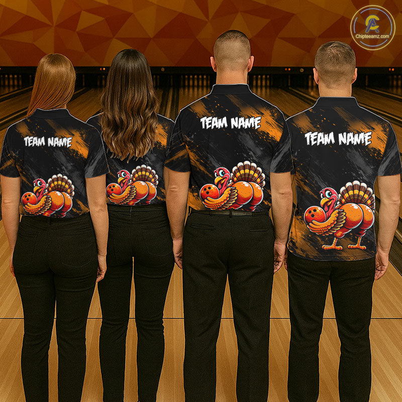 Orange Funny Turkey Chicken Custom Bowling Team Shirts For Men Thanksgiving Bowling Gifts HNT521