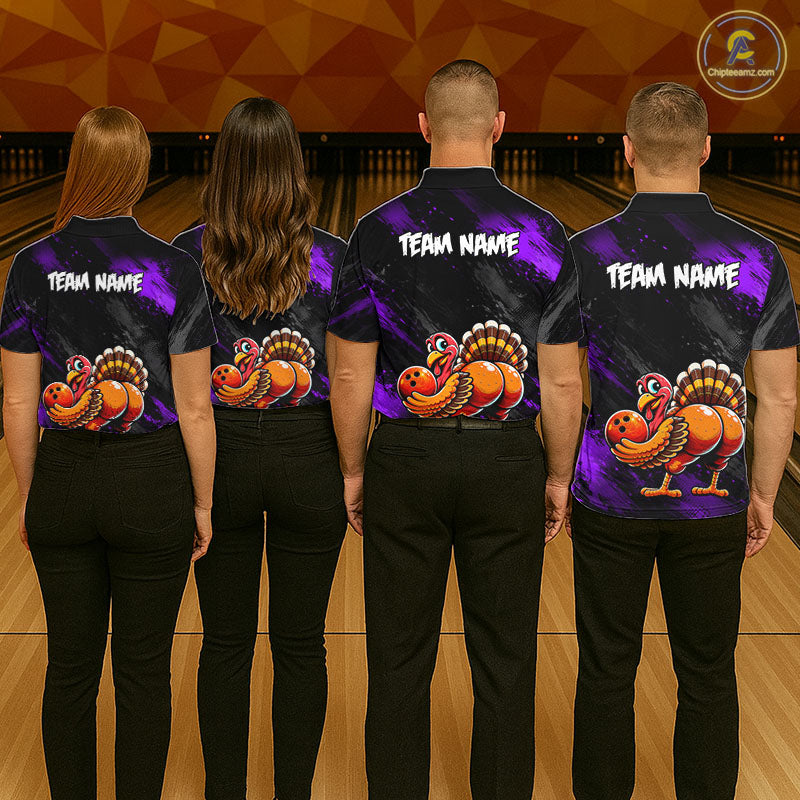 Purple Funny Turkey Chicken Custom Bowling Team Shirts For Men Thanksgiving Bowling Gifts HNT521