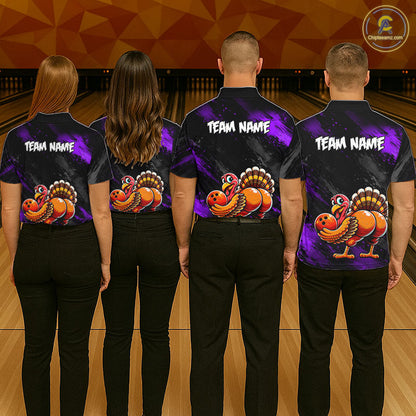 Purple Funny Turkey Chicken Custom Bowling Team Shirts For Women Thanksgiving Bowling Gifts HNT521