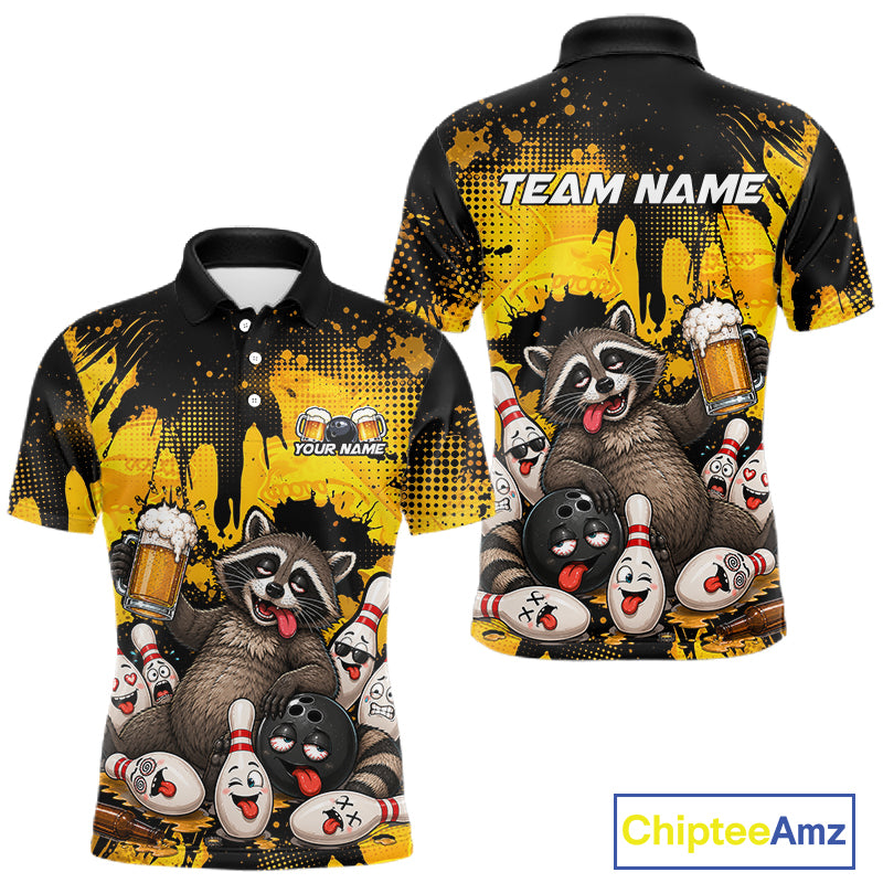 Front and back views of a short-sleeve polo shirt featuring a cartoon raccoon holding beer mugs and bowling balls on a black and yellow splatter background. The back shows 'TEAM NAME' text and the front has 'YOUR NAME'.