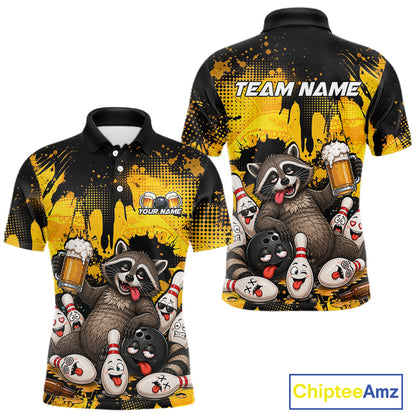 Front and back views of a short-sleeve polo shirt featuring a cartoon raccoon holding beer mugs and bowling balls on a black and yellow splatter background. The back shows 'TEAM NAME' text and the front has 'YOUR NAME'.