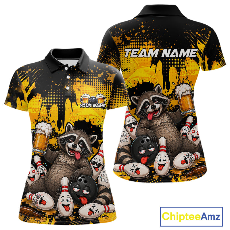 Custom short-sleeve polo shirt shown from the front and back, featuring a bold black and yellow paint-splatter design with cartoon raccoons, bowling balls, beer mugs, and customizable text areas reading TEAM NAME and YOUR NAME. The shirt is displayed on a plain white background with a ChipteeAmz logo in the bottom right corner.