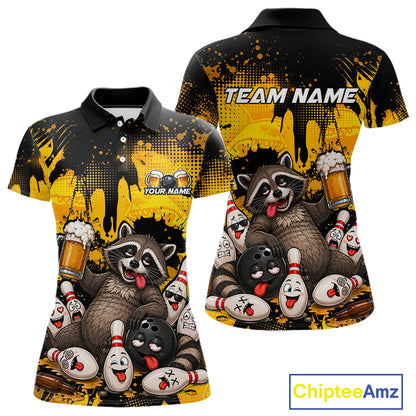 Custom short-sleeve polo shirt shown from the front and back, featuring a bold black and yellow paint-splatter design with cartoon raccoons, bowling balls, beer mugs, and customizable text areas reading TEAM NAME and YOUR NAME. The shirt is displayed on a plain white background with a ChipteeAmz logo in the bottom right corner.