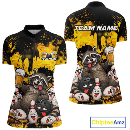 Front and back views of a women's short-sleeve polo shirt with a custom raccoon bowling graphic, black and yellow paint splatter background, and customizable text areas reading 'TEAM NAME' and 'YOUR NAME'.