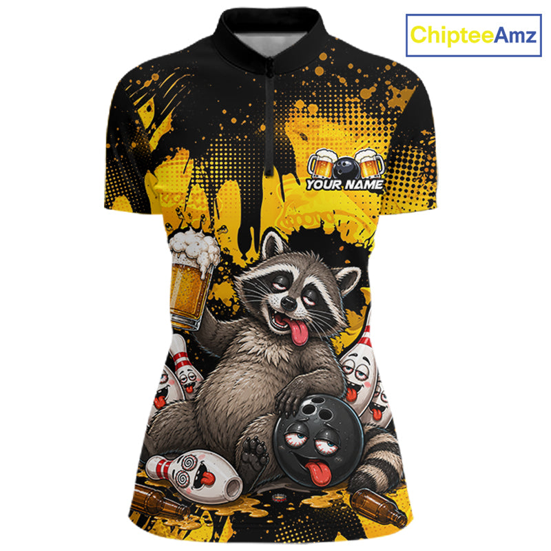 A short-sleeve half-zip athletic shirt with a black and yellow paint-splatter background and a large raccoon graphic holding a bowling pin. The shirt includes a mock name print area reading 'YOUR NAME' and a visible ChipteeAmz logo in the top right corner.