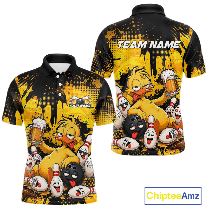 Front and back views of a custom black and yellow polo shirt featuring a cartoon bowling duck character, bowling pins, beer mugs, and 'TEAM NAME' text on the back, shown on a white background with a ChipteeAmz logo.