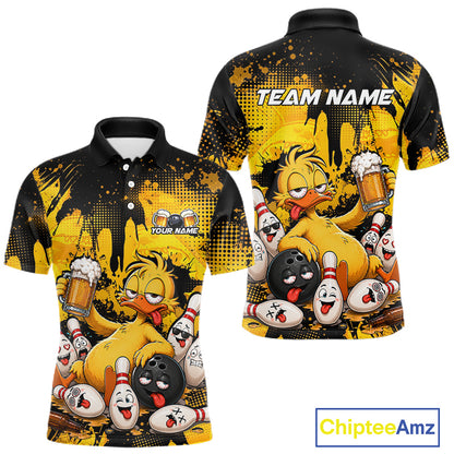 Front and back views of a custom black and yellow polo shirt featuring a cartoon bowling duck character, bowling pins, beer mugs, and 'TEAM NAME' text on the back, shown on a white background with a ChipteeAmz logo.