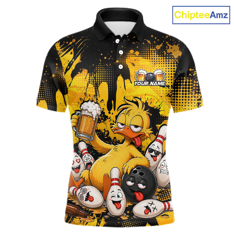 A short-sleeve polo shirt with a black collar and sleeves, featuring a bold yellow and black splatter design with cartoon chicks, bowling pins, bowling balls, and beer mugs. The shirt includes a customizable text placeholder reading 'YOUR NAME' on the chest.