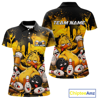 Custom short-sleeve polo shirt shown from front and back, featuring a yellow cartoon chicken holding beer mugs and bowling pins against a black splatter background, with placeholder text 'TEAM NAME' and 'YOUR NAME' on the shirt.
