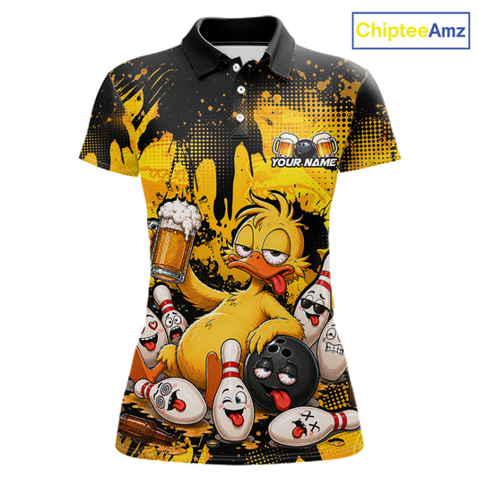 A short-sleeve polo shirt with a black collar and a vibrant yellow and black graphic print featuring a cartoon chicken bowling with bowling pins, beer mugs, and a bowling ball. The shirt includes a 'YOUR NAME' customization placeholder on the chest.