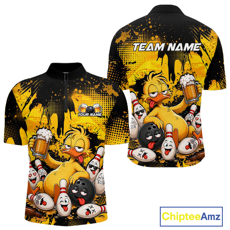 Custom short-sleeve polo shirt shown from front and back on a white background. The shirt features a black collar and shoulders with a bold yellow and black splatter graphic, a cartoon yellow duck holding beer mugs, bowling pins, and bowling balls with funny faces.
