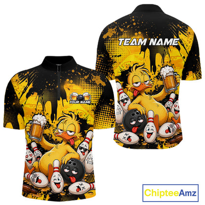 Custom short-sleeve polo shirt shown from front and back on a white background. The shirt features a black collar and shoulders with a bold yellow and black splatter graphic, a cartoon yellow duck holding beer mugs, bowling pins, and bowling balls with funny faces.