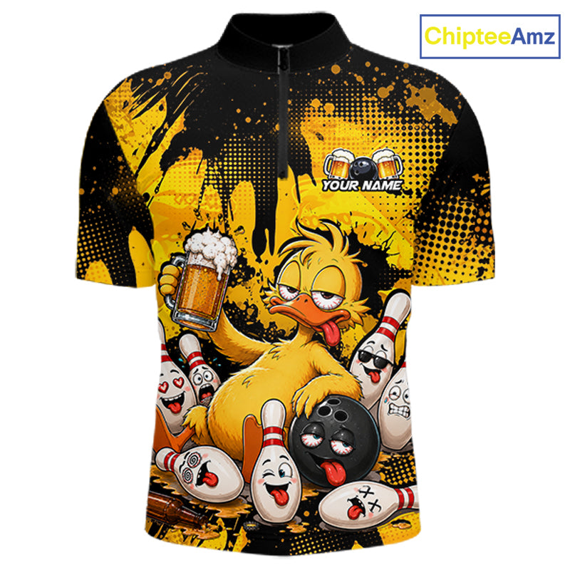 A short-sleeve cycling jersey with a black and yellow paint-splatter background and a cartoon duck holding a beer mug while bowling with funny bowling pins. The jersey has a mock zipper at the collar and a placeholder text 'YOUR NAME' with beer glasses above it.