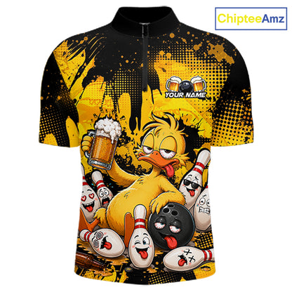 A short-sleeve cycling jersey with a black and yellow paint-splatter background and a cartoon duck holding a beer mug while bowling with funny bowling pins. The jersey has a mock zipper at the collar and a placeholder text 'YOUR NAME' with beer glasses above it.