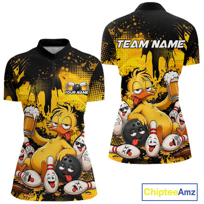 Front and back views of a custom short-sleeve polo shirt featuring a cartoon yellow bird holding beer mugs and bowling balls, with black and yellow splatter graphics, customizable text areas, and a ChipteeAmz logo in the corner.
