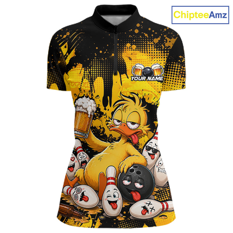 A short-sleeve quarter-zip polo shirt with a black collar and a vibrant all-over graphic print featuring a cartoon yellow duck, bowling pins, bowling balls, and beer mugs. The shirt has a black and yellow halftone splatter pattern on the upper chest and shoulders, with a customizable text placeholder 'YOUR NAME' on the right chest.