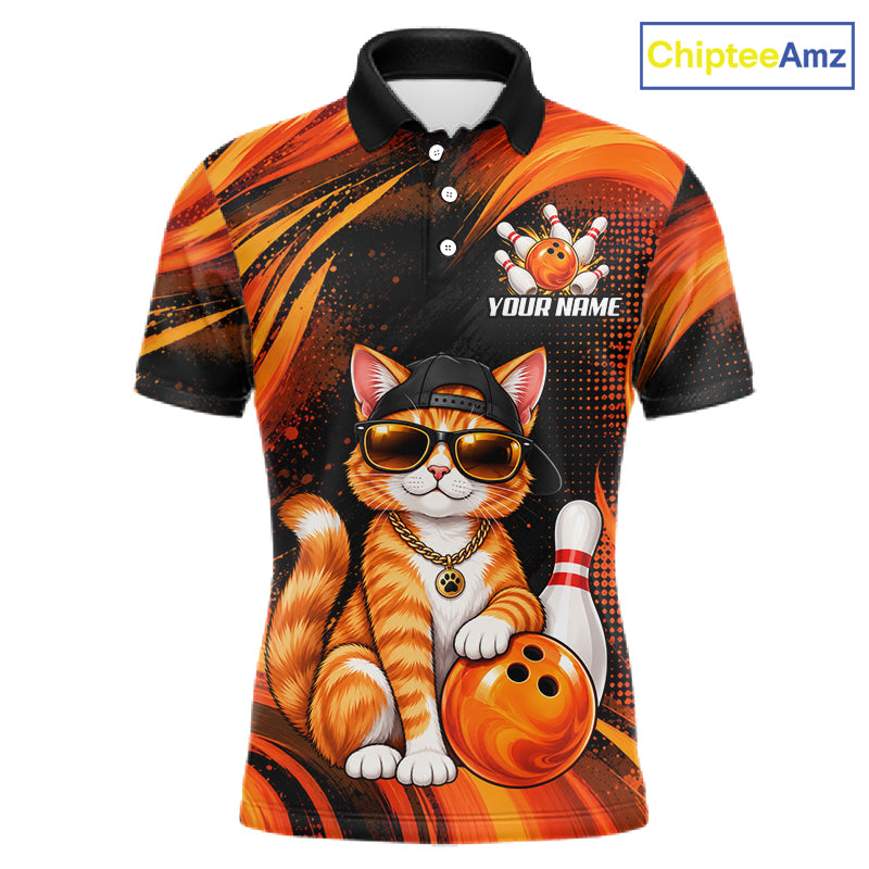 Custom Orange Funny Cat Bowling Jerseys for Men Bowling Team Jerseys Bowling for Bowlers HNT605