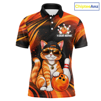 Custom Orange Funny Cat Bowling Jerseys for Men Bowling Team Jerseys Bowling for Bowlers HNT605