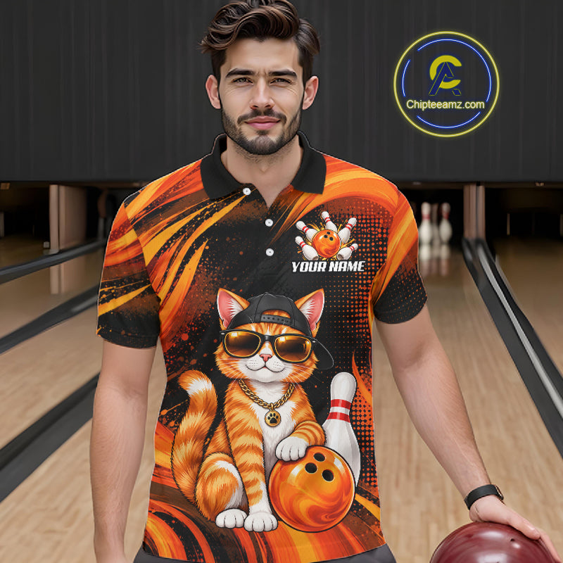 Custom Orange Funny Cat Bowling Jerseys for Men Bowling Team Jerseys Bowling for Bowlers HNT605