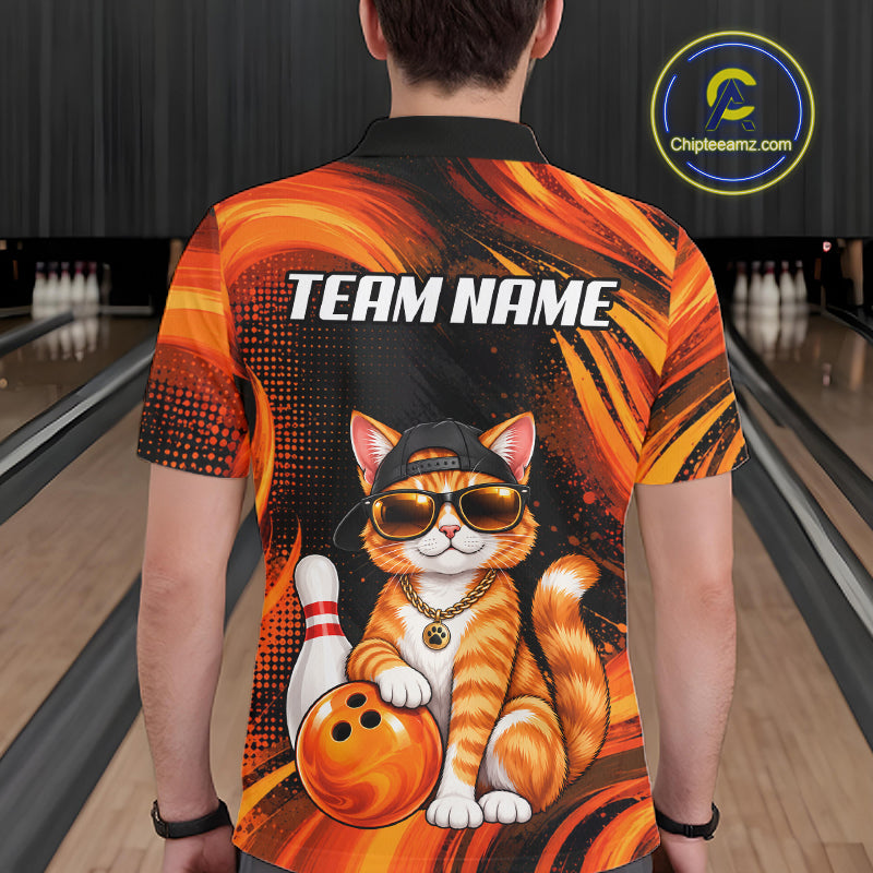 Custom Orange Funny Cat Bowling Jerseys for Men Bowling Team Jerseys Bowling for Bowlers HNT605