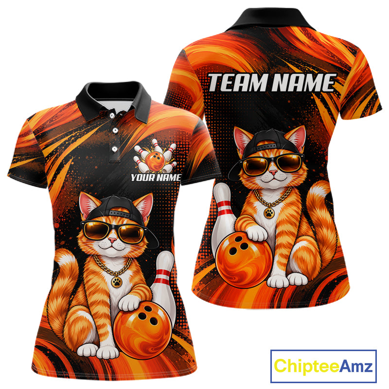 Custom Orange Funny Cat Bowling Jerseys for Women Bowling Team Jerseys Bowling for Bowlers HNT605