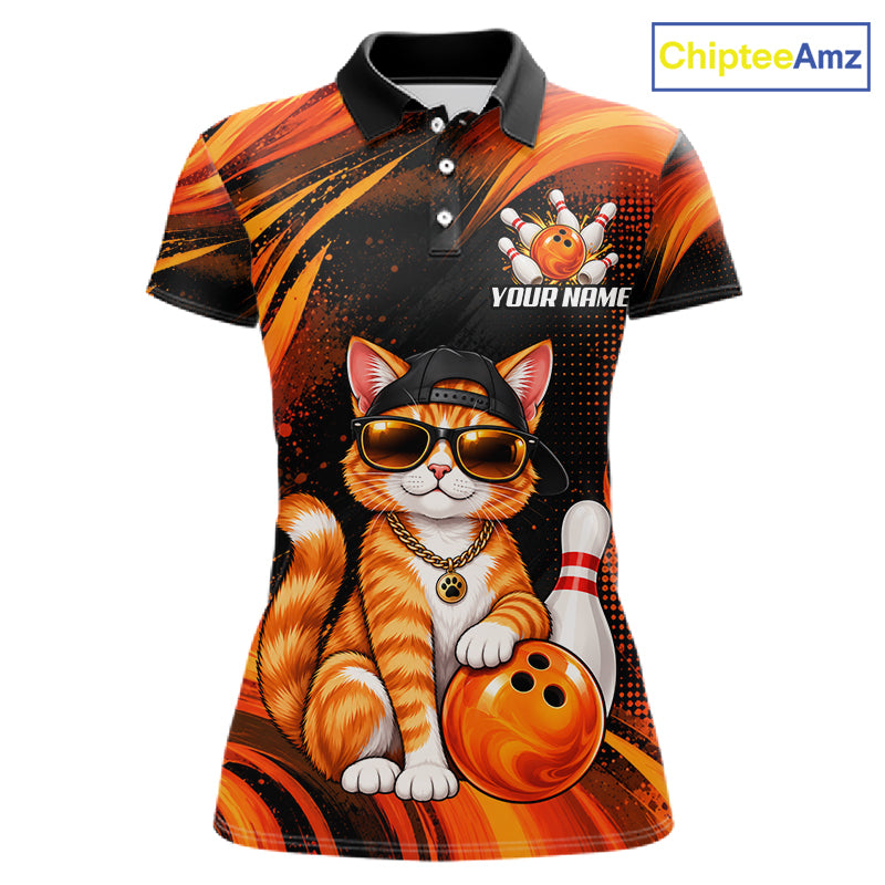 Custom Orange Funny Cat Bowling Jerseys for Women Bowling Team Jerseys Bowling for Bowlers HNT605