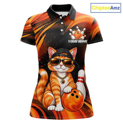 Custom Orange Funny Cat Bowling Jerseys for Women Bowling Team Jerseys Bowling for Bowlers HNT605