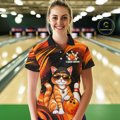 Custom Orange Funny Cat Bowling Jerseys for Women Bowling Team Jerseys Bowling for Bowlers HNT605