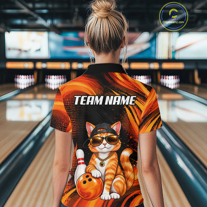 Custom Orange Funny Cat Bowling Jerseys for Women Bowling Team Jerseys Bowling for Bowlers HNT605