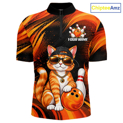 Custom Orange Funny Cat Bowling Jerseys for Men Bowling Team Jerseys Bowling for Bowlers HNT605