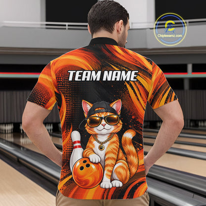 Custom Orange Funny Cat Bowling Jerseys for Men Bowling Team Jerseys Bowling for Bowlers HNT605