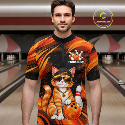 Custom Orange Funny Cat Bowling Jerseys for Men Bowling Team Jerseys Bowling for Bowlers HNT605