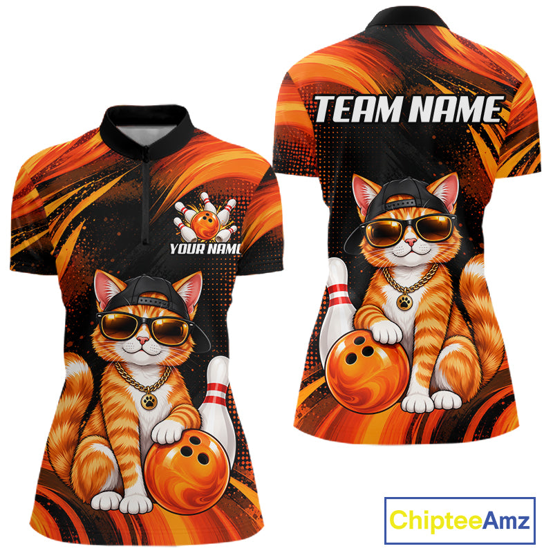 Custom Orange Funny Cat Bowling Jerseys for Women Bowling Team Jerseys Bowling for Bowlers HNT605