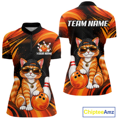 Custom Orange Funny Cat Bowling Jerseys for Women Bowling Team Jerseys Bowling for Bowlers HNT605