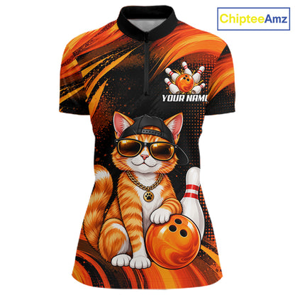 Custom Orange Funny Cat Bowling Jerseys for Women Bowling Team Jerseys Bowling for Bowlers HNT605
