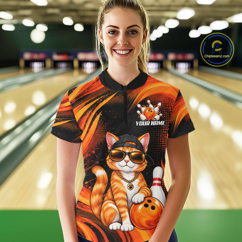 Custom Orange Funny Cat Bowling Jerseys for Women Bowling Team Jerseys Bowling for Bowlers HNT605